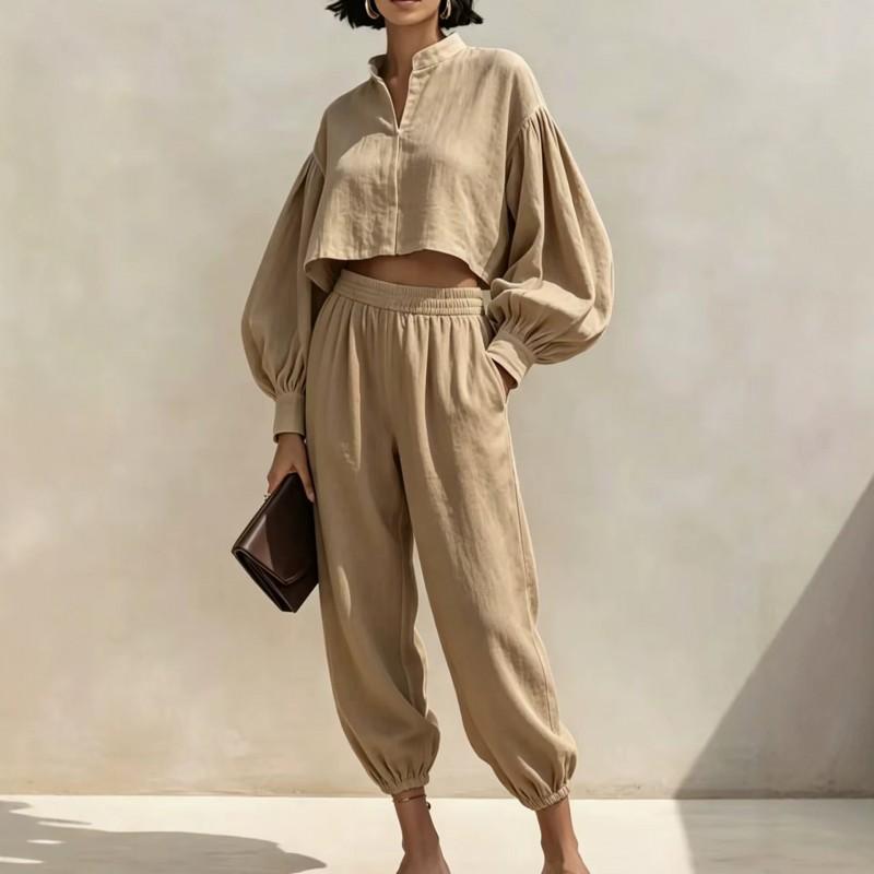2026 Womens Relaxed Linen Cotton Short Top Elastic Waist Lantern Pants Set Casual Outfit