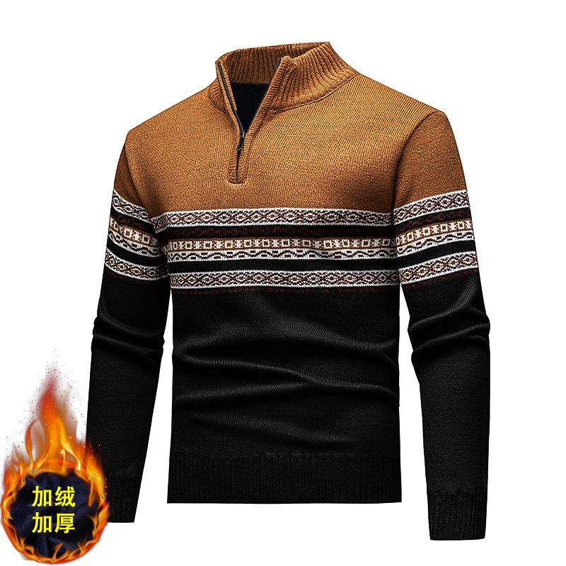 Mens Half Zip Stand Collar Fleece Lined Color Block Knit Sweater M