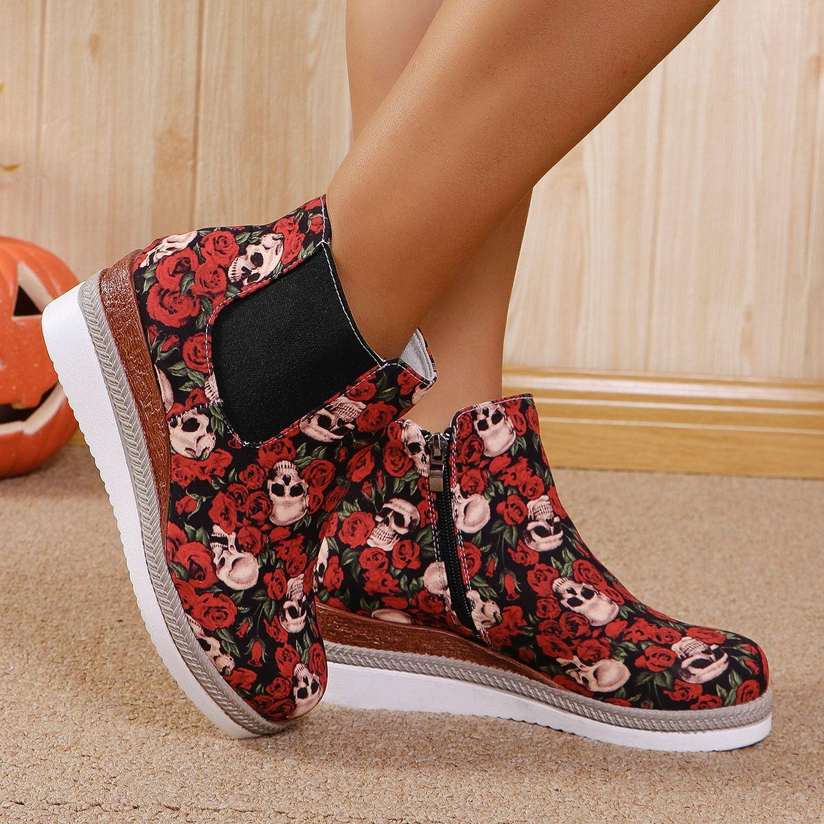 

Женская обувь Европейские американские рождественские короткие сапоги женские осенне-зимние принтованные короткие кожаные сапоги с боковой молнией 36