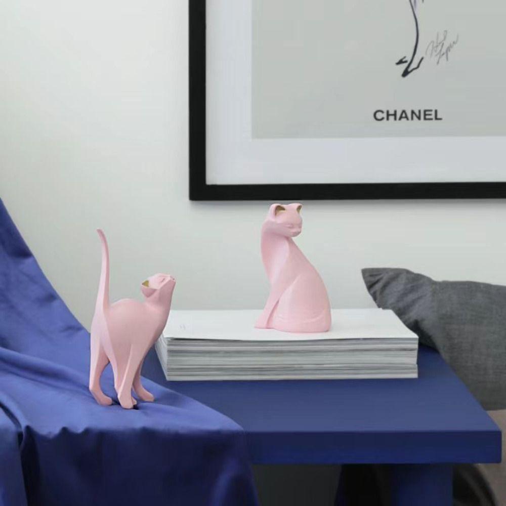 Modern Animal Figurine Artistic Cat Model Desktop Ornament Pink Cat Sculpture  Coffee Shop