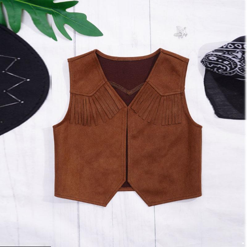 Kids Boys Western Cowboy Vest Suede Leather Pointed Hem Jacket for Halloween Carnival Party