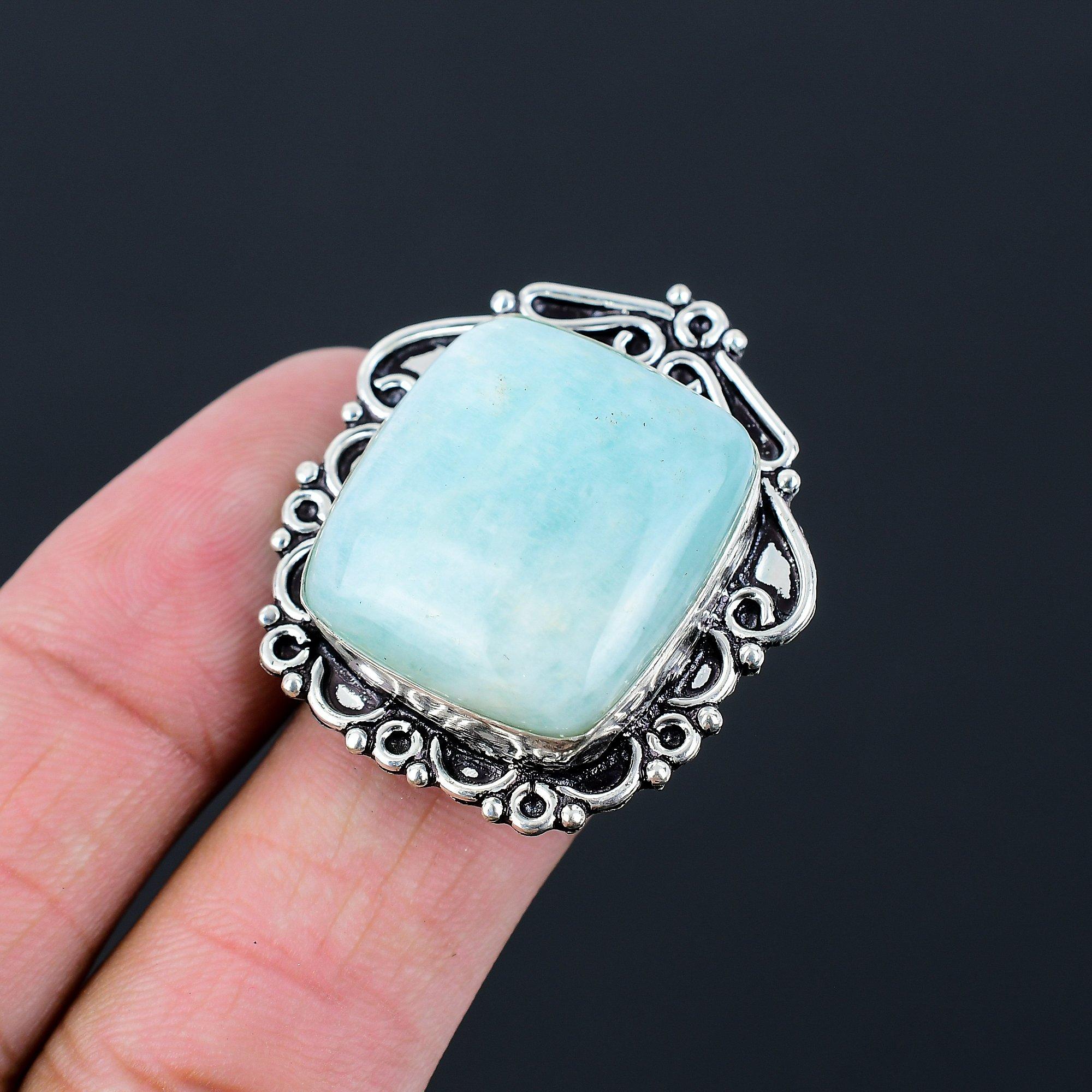 Radiant Amazonite Stone Mother Anniversary Boho Ring Jewelry Size 7.5 925 Silver 7.5