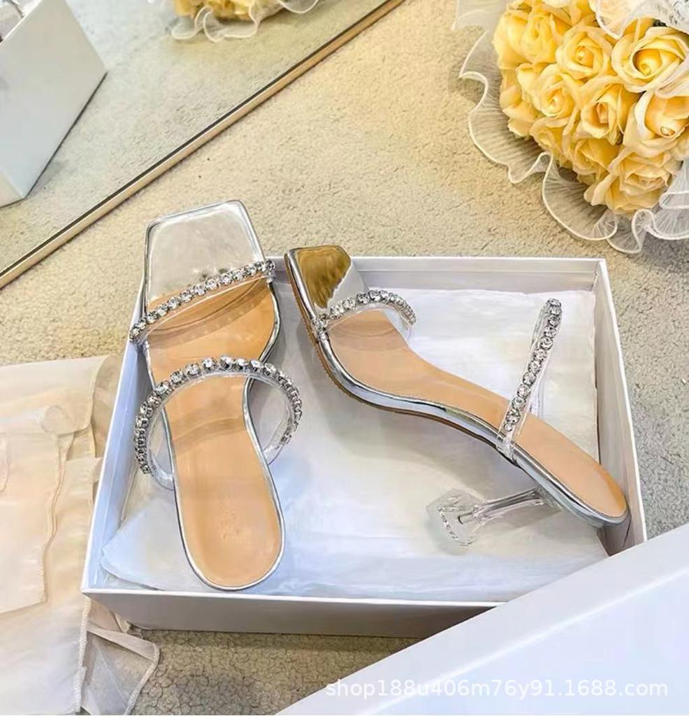 2025 Summer Versatile New Rhinestone One-word with Open-toed Sandals Internet Celebrity French High Heels Women's Stiletto Slippers