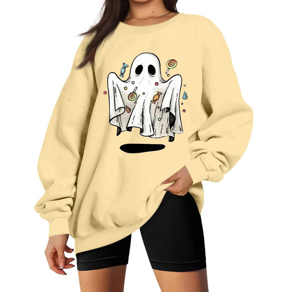 Women's Comfortable Casual Sweatshirt with Long Sleeve, Round Neck, Loose Fit, Small Halloween Print and Color Options