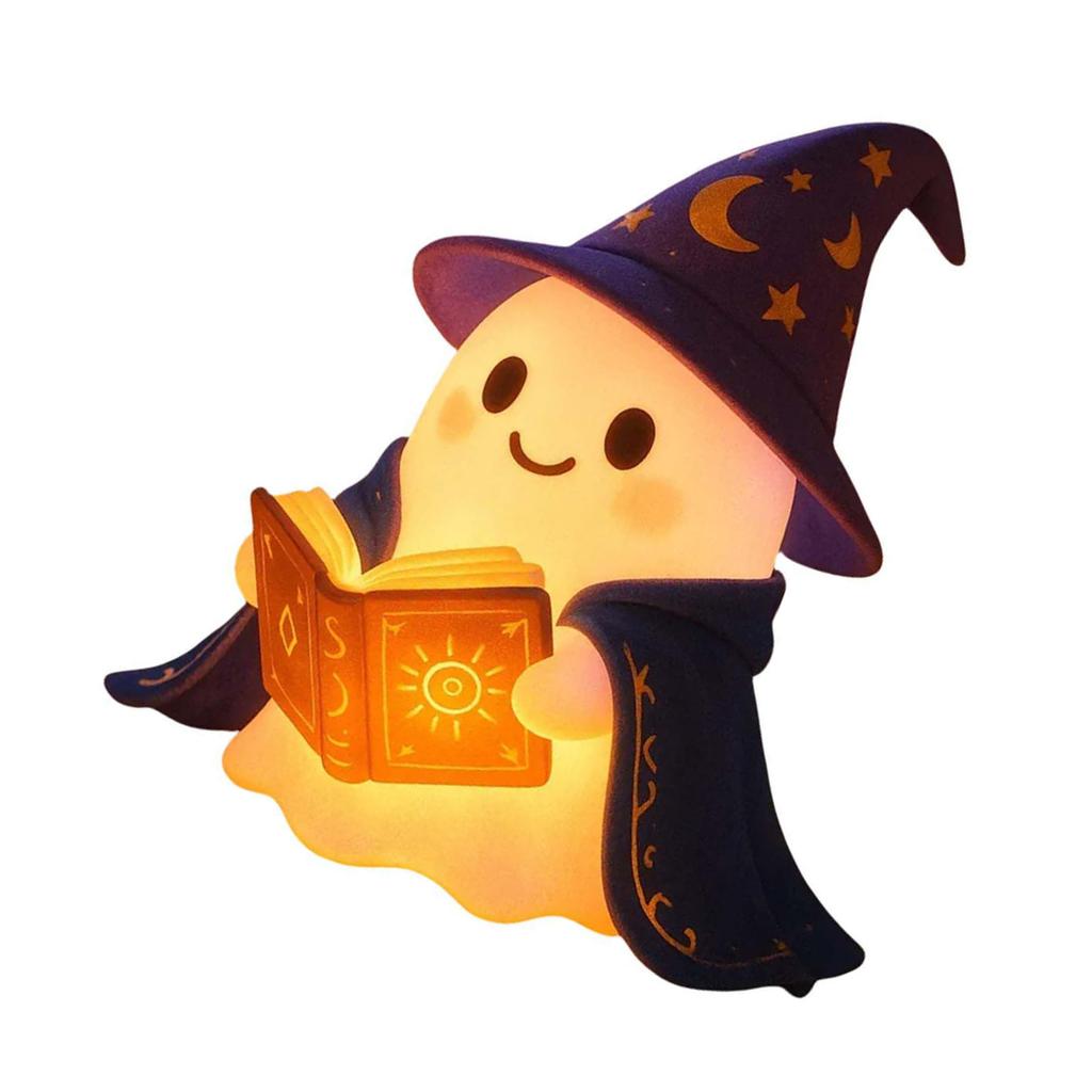 Cute Ghost Wizard Reading Book LED Night Light Halloween Home Decor Portable Resin Craft for Book Lover Bedside Ambiance
