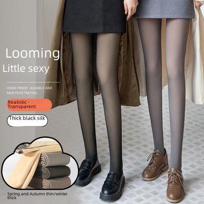 Grauer Samt Warme Bare-Leg Faux Sheer Leggings für Herbst und Winter – Hauttransparente, verdickte Strumpfhose für Damen, Stewardess-Stil.