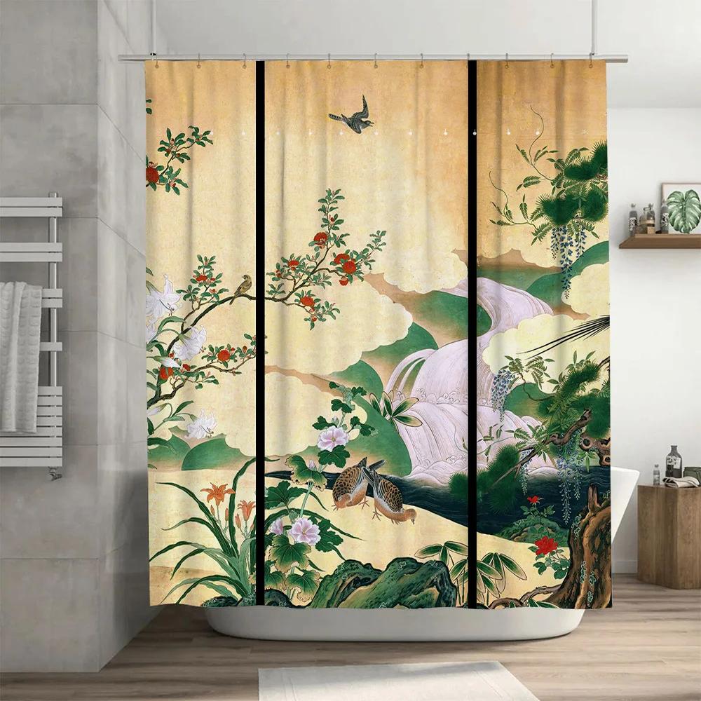 Asian-Themed Bathroom Curtains Featuring A Beautiful Nature Scene With Birds And Flowers Ideal For Creating An Elegant Spa-Like