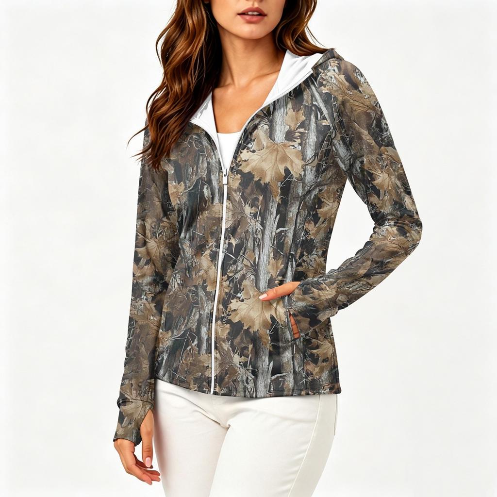 Women's Lightweight Long Sleeve Zip Up Hoodie with Pockets and Printed Design Sun Protection Jacket for Outdoor Activities