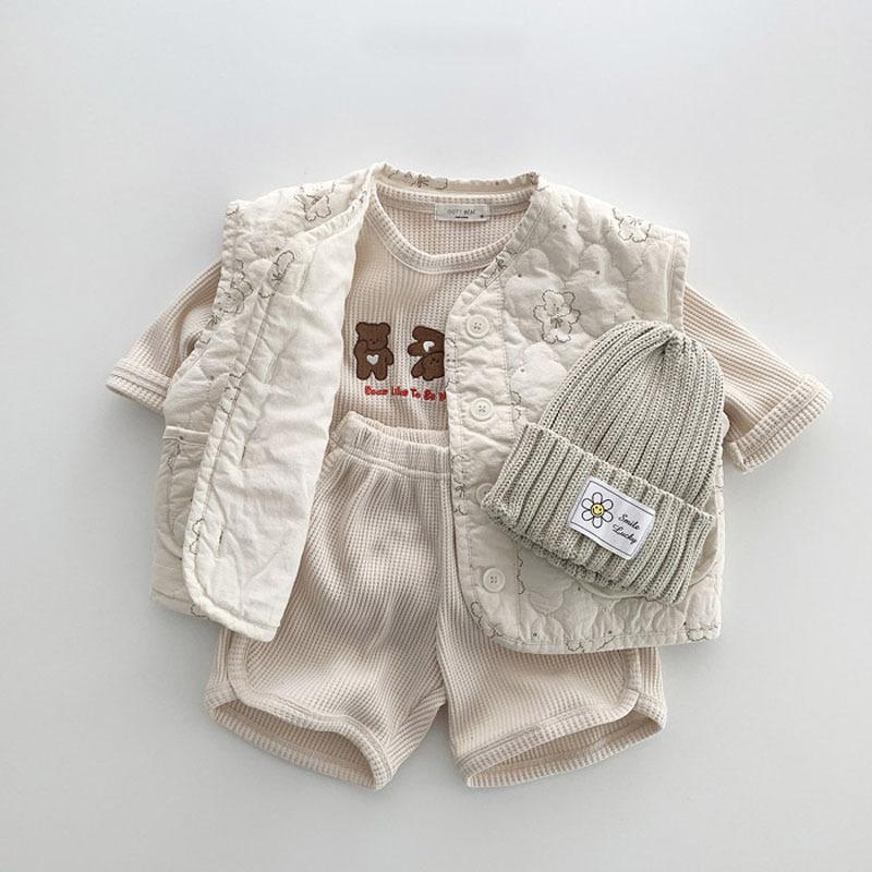 Letni zestaw ubranek dla niemowląt dla chłopców i dziewcząt z długim rękawem, waflowa koszulka + spodenki, 2 sztuki, swobodny strój, bawełniany garnitur dla dzieci