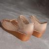 Johnature Versatile Genuine Leather Hollow-out Sandals Retro Hook & Loop Comfortable Women's Wedges Shoes