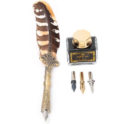 Vintage Feather Pen Fountain Pens With Empty Ink Bottle  3 Nibs Set Stationery Gift