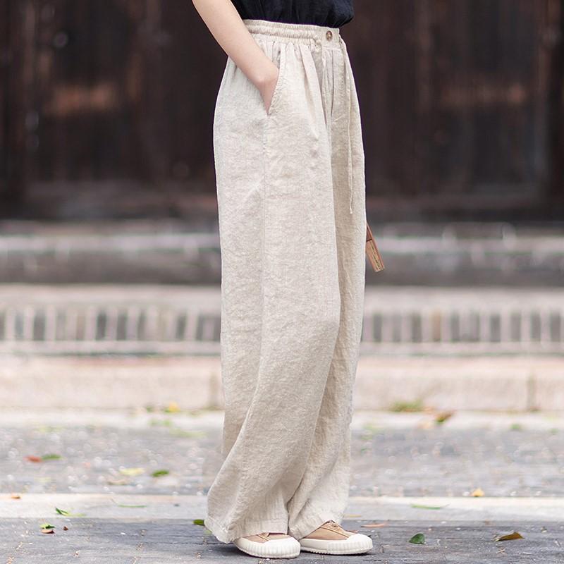 Johnature Women Vintage Straight Pants Summer Chinese Style Solid Color Loose Trousers Elastic Waist Pants