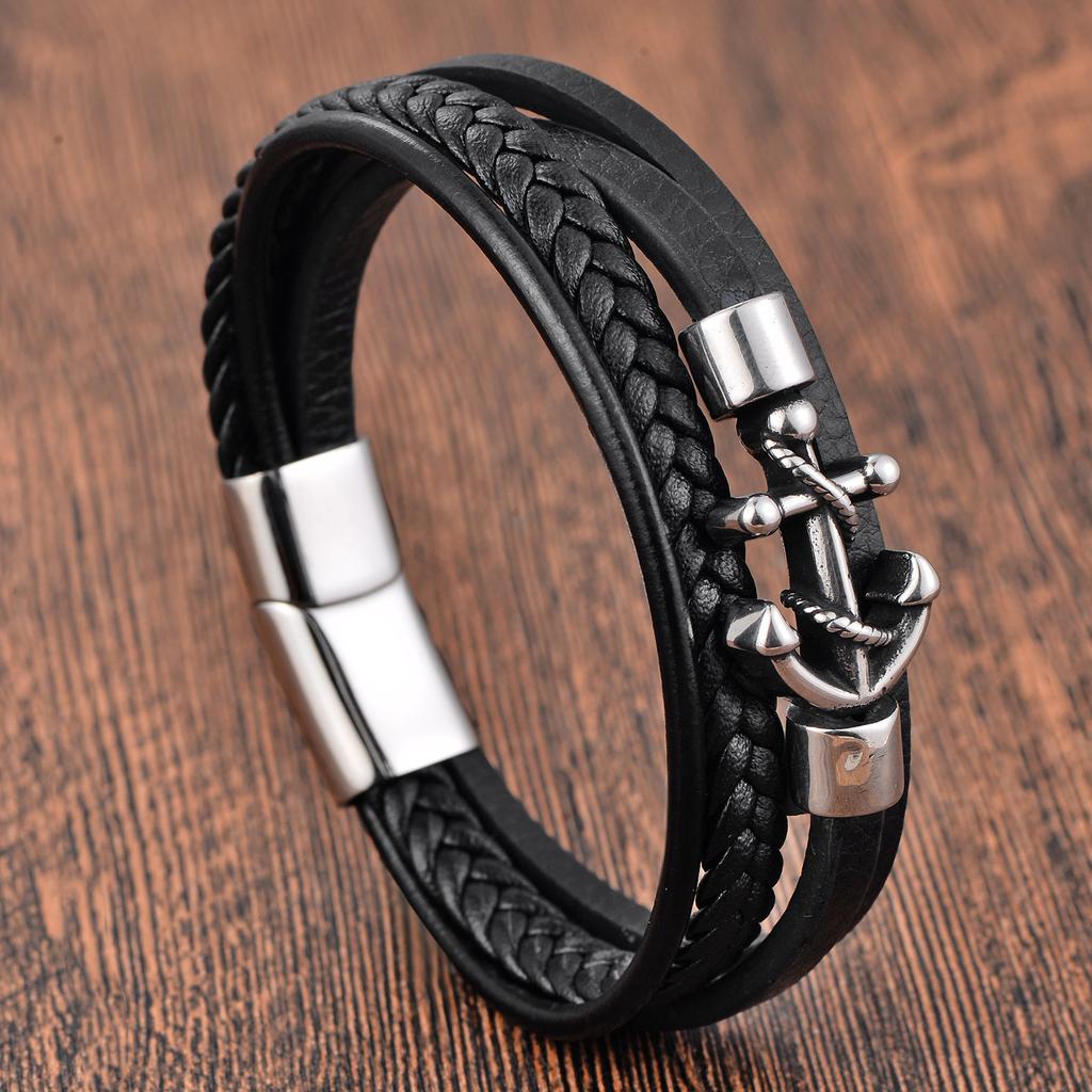 Schwarzes Lederseil Rindsleder Herren Doppellagiges Leder Geflochtenes Armband Handgefertigt Mehrschichtiges Leder Ankerarmband