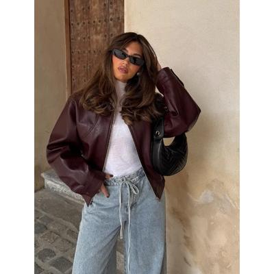 Módna Jednofarebná Dámska Teplá Bunda z PU Kože Elegantné Dlhé Rukávy Zips Krátke Kabáty Jeseň Dámske Dojížďanie Ulica Top