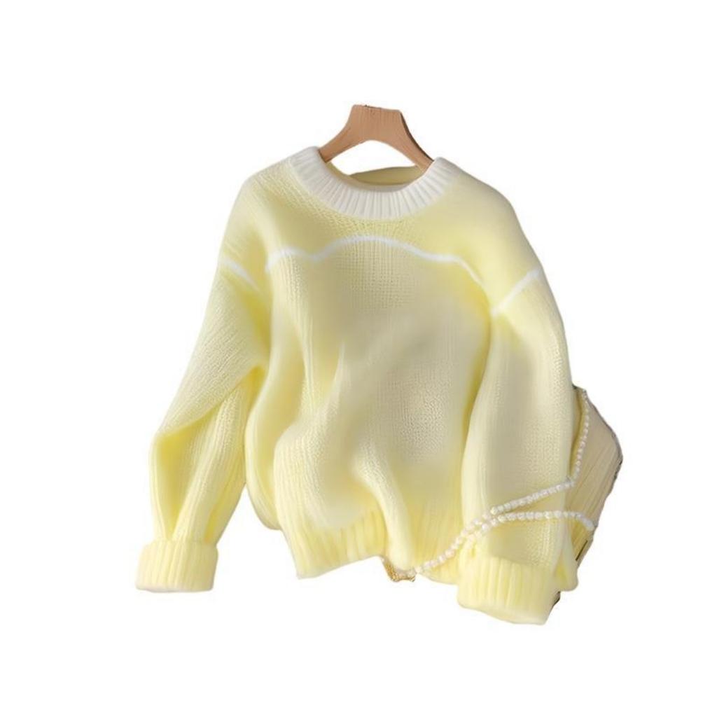 Lemon Yellow Loose Long Sleeved Knitted Sweater, Early Autumn New Women's Korean Style Atmosphere Fashionable Top