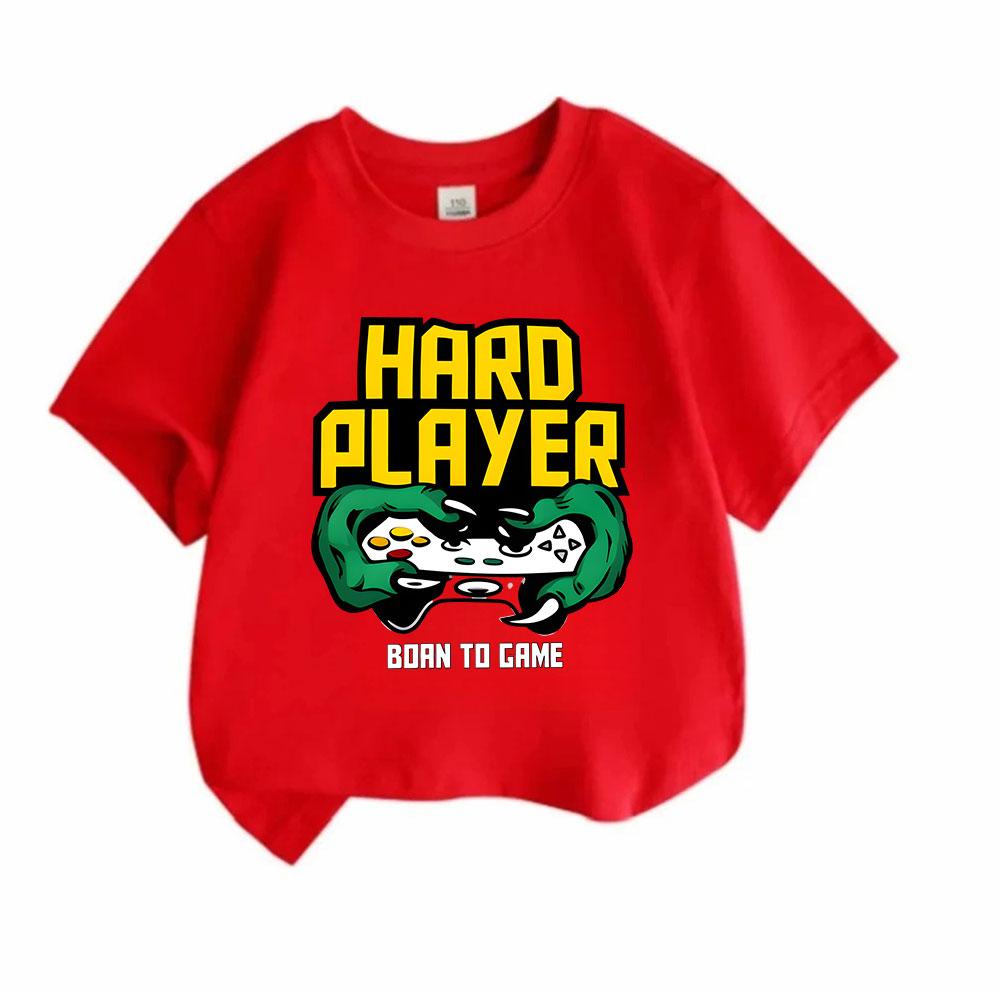 Kids Boys Girls 100% Cotton Crew Neck Short Sleeve T-Shirt, Hard Player Born To Game Print Casual Tees, Soft Breathable Lightweight Tops for Daily Gam