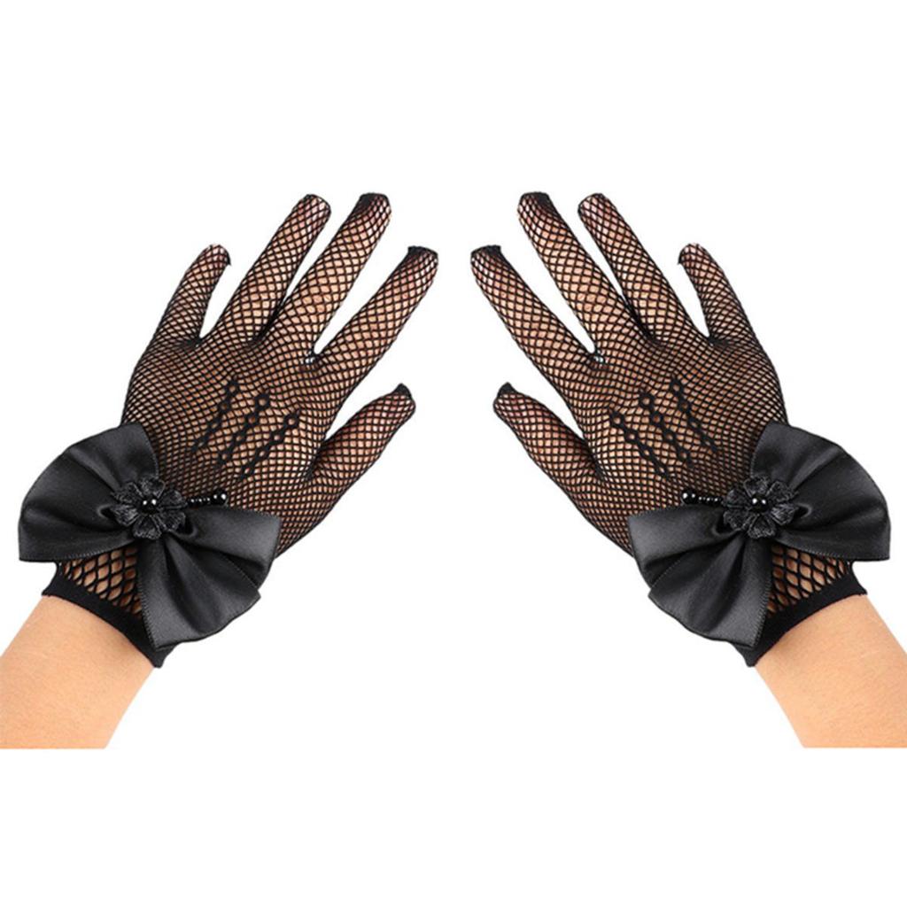 Kids Party Lace Pearl Fishnet Gloves Communion Flower Girl Party Mittens Children's Mittens High Elasticity Mesh Bow Gloves