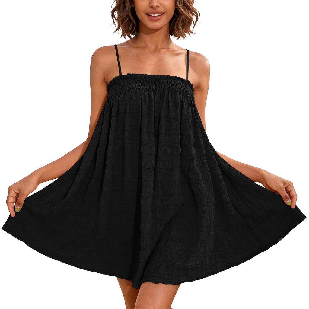Women Sleeveless Loose Fit A-Line Mini Dress with Spaghetti Straps and Pockets Lightweight Summer Casual Dress