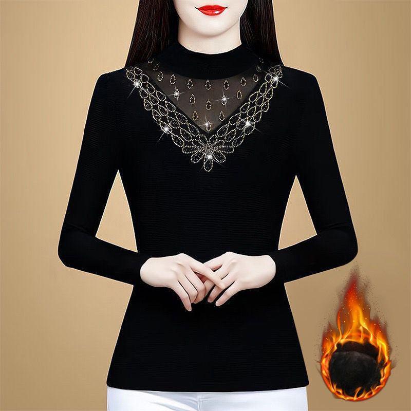Pullover Base Shirt for Women Long-sleeved Winter New Style Mesh High-end Stylish Half-high-neck Ironing Top