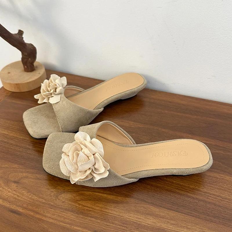 

Fashion Women Flower Slippers Square Toe Shoes Heels Sandals 2025 Summer Trend Beach Comfort Shoes Fashion Flip Flops Dress Mujer Slides 40 абрикосовый