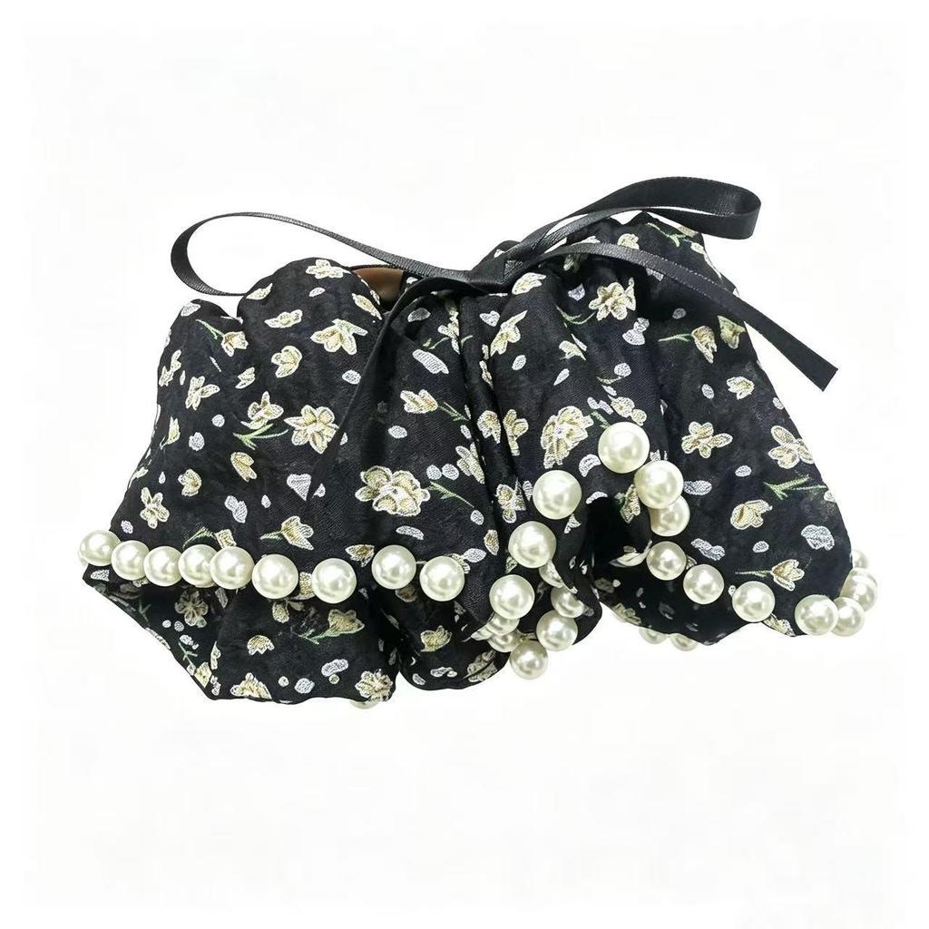 French Retro Floral Pearl Bow Chiffon Hair Clip