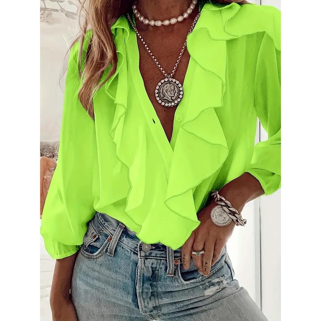 Women's Shirt V-neck Long-sleeved Ruffle Top Spring Summer Fashion Elegant Solid Office Holiday Casual Shirts Womens Clothing