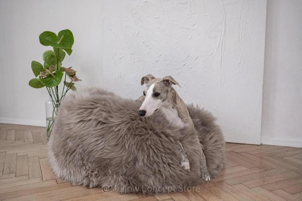 Oval Natural Sheepskin Pet Bed - Greige 120 Cm