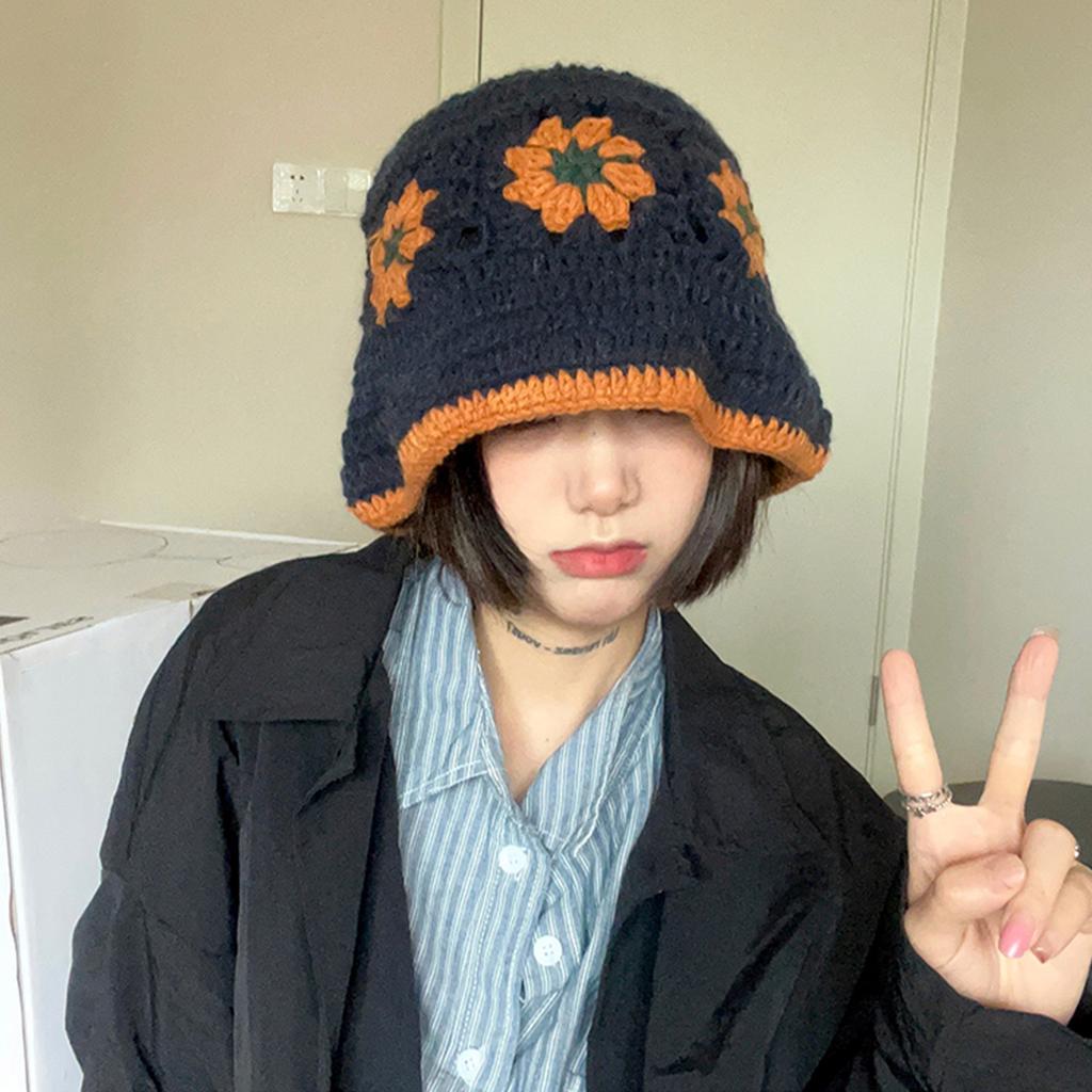 Summer Sunproof Crochet Bucket Hat Ladies Spring Commute Camping Fisherman Cap with Flower Pattern for Girlfriend
