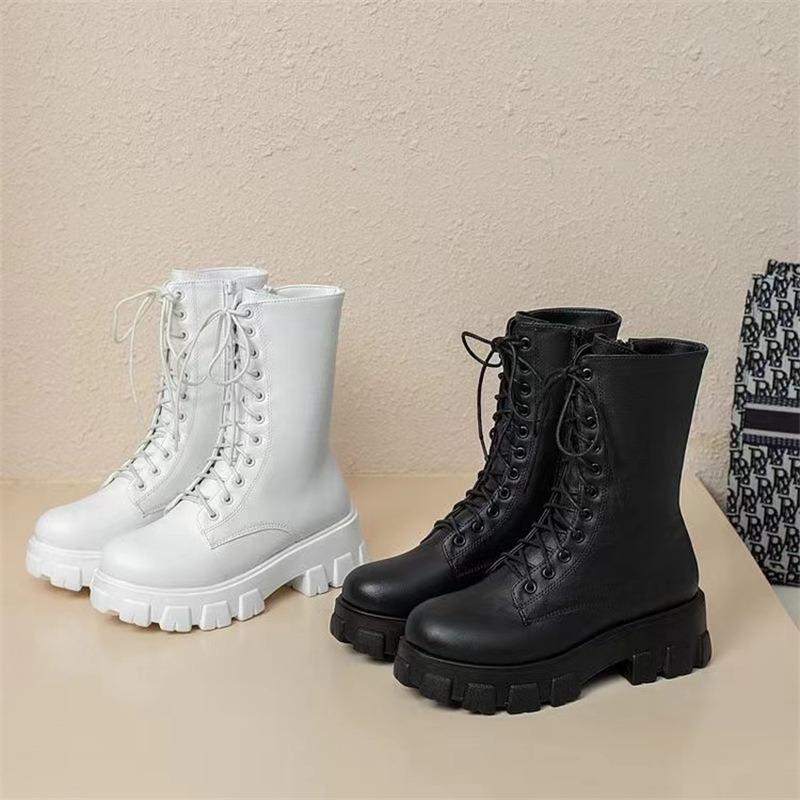Fashion Women's Boots Fashion High-top Leather Boots Lace Up Platform Boot Side Zipper Ankle Boots for Women Motorcycle Boot Botas Mujer