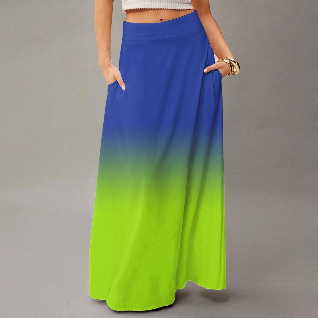 Damen Lässig Freizeit Faltbar Farbverlauf Druck Hohe Taille Mit Tasche Drapierter Entspannter Langer Maxi Rock