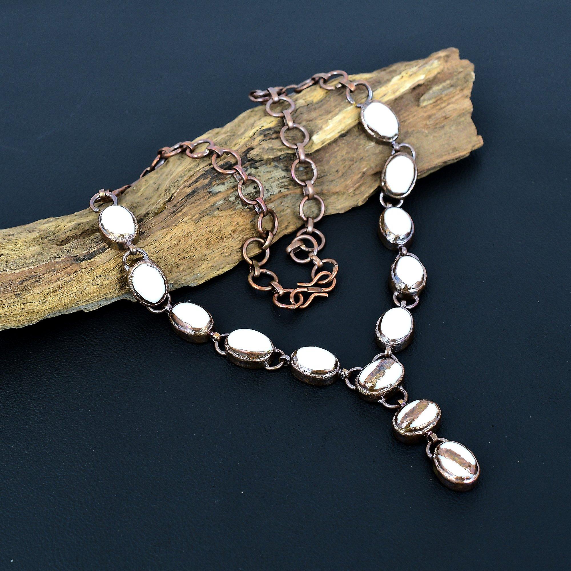 

White Coral Necklace Gemstone Jewelry, Copper Electroformed Adjustable Chain Necklace, Gift For Women Handmade Necklace