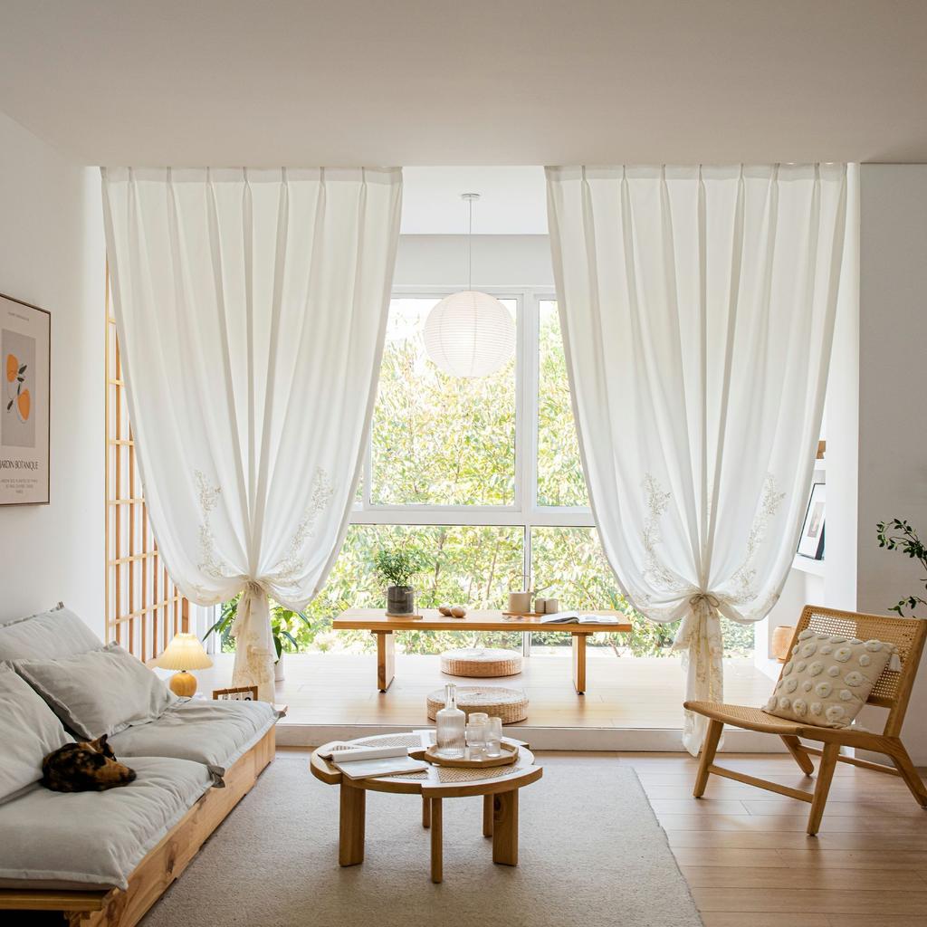 Trendy Embroidered Voile Curtains for Bedroom Living Room Windows Floral Sheer Drapes Country Style
