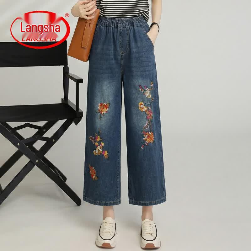 LangSha Women s Retro Embroidered High-Waist Wide-Leg Cropped Jeans M синий