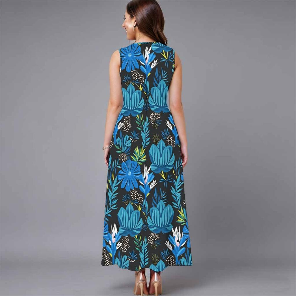 Plus Size Women Sleeveless Round Neck Dress Vivid Tropical Plant Printed Flowy Mid Calf Gown