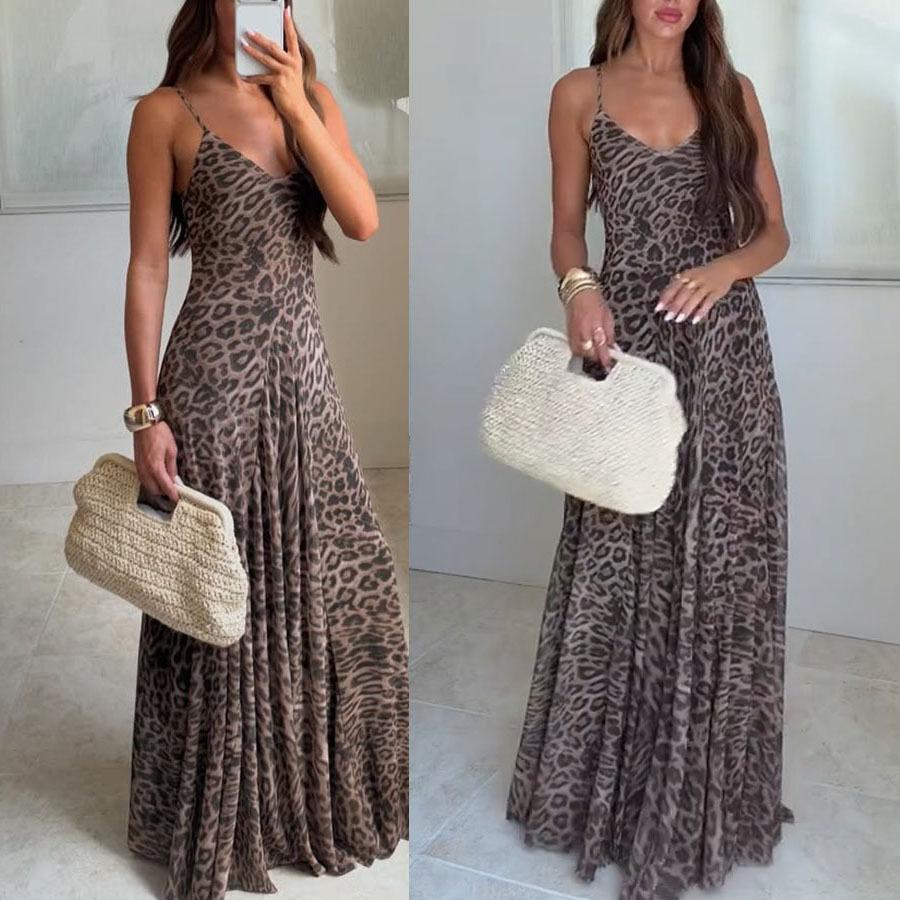 Women Spaghetti Strap V Neck Leopard Print Maxi Dress Casual Sleeveless Evening Party Gown