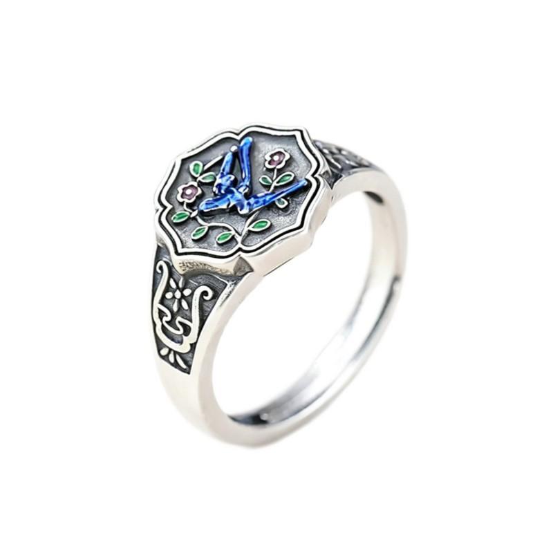 Adjustable Open Ring With Enamel Blue Motif Vintage Bird Flower Design Copper Unisex Jewelry