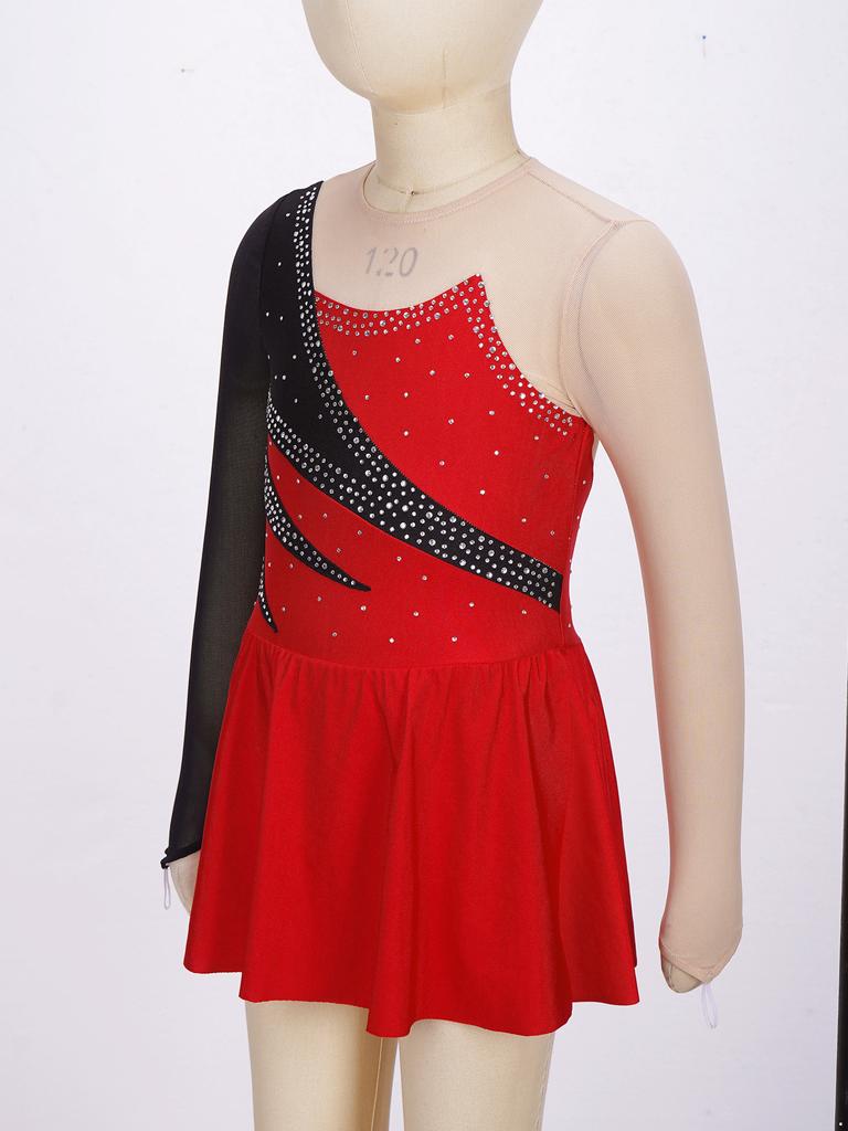 Rochie de patinaj cu mânecă lungă pentru fete, guler rotund, culoare contrastantă, stras, spate gol, costum de dans