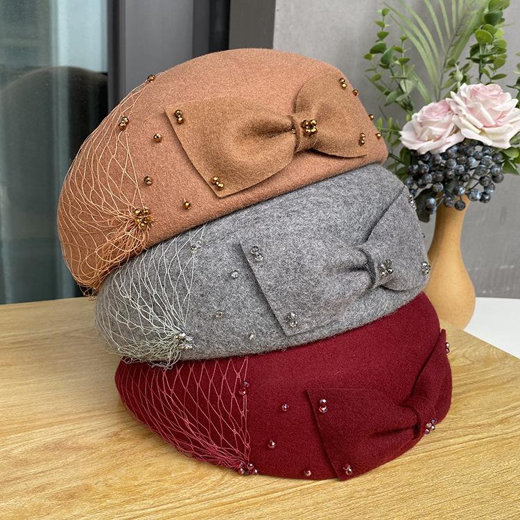 French British Retro Woolen Top Hat Autumn And Winter Bow Mesh Yarn Hat Styling Bud Hat Female Elegant Stewardess Hat