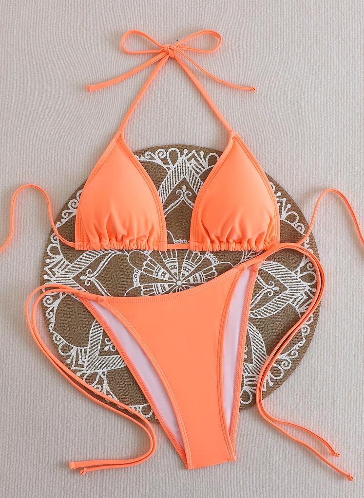 Bikini triunghiular de damă, culoare solidă - cu șireturi, elasticitate ridicată, uscare rapidă, respirabil, bureți detașabili, costum de baie sexy