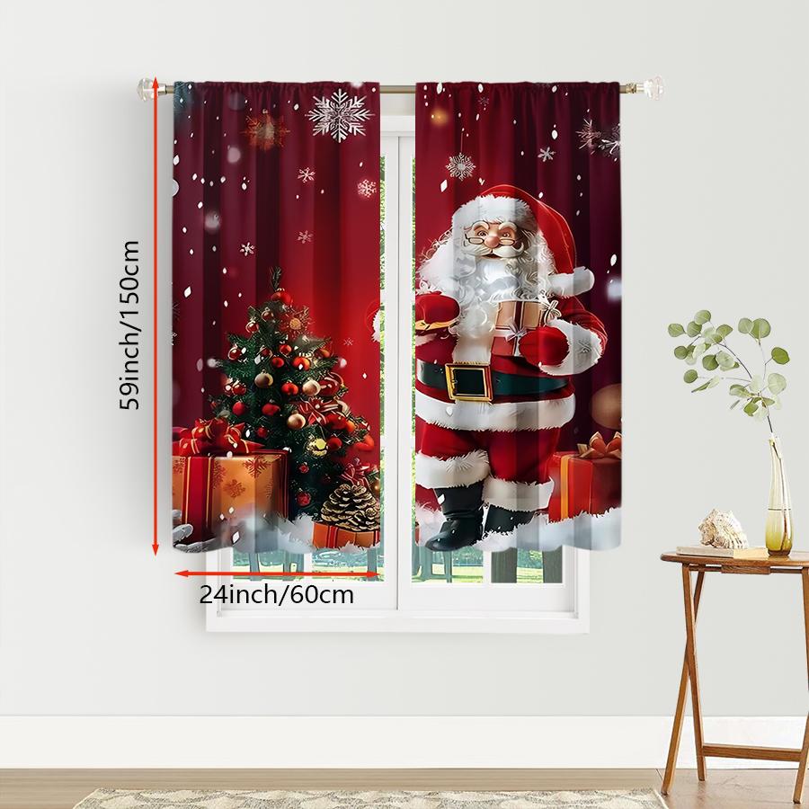 2PCS Santa Claus Christmas Print Curtains, Red Background Xmas Tree Gift Snowflake Window Drapes for Holiday Bedroom Living Room