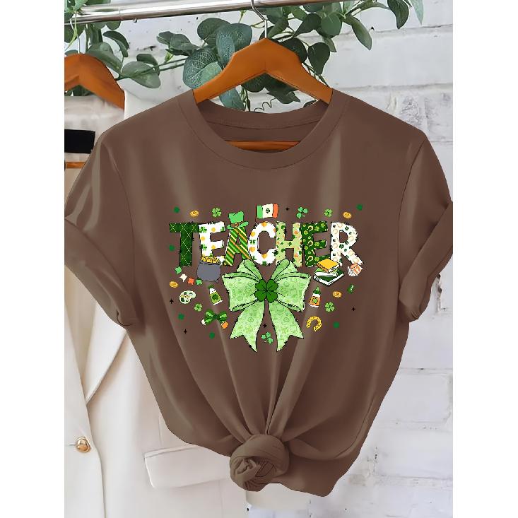 [One-way direction]Ladies TEACHER Letter-printed Fashion Retro-style Short Sleeves Spring and Summer Irish Culture St. Patrick's Day Versatile Items