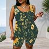 Women Plus Size Blue Floral Printed Scoop Neck Sleeveless Tank Top Fitted Shorts Two Piece Set