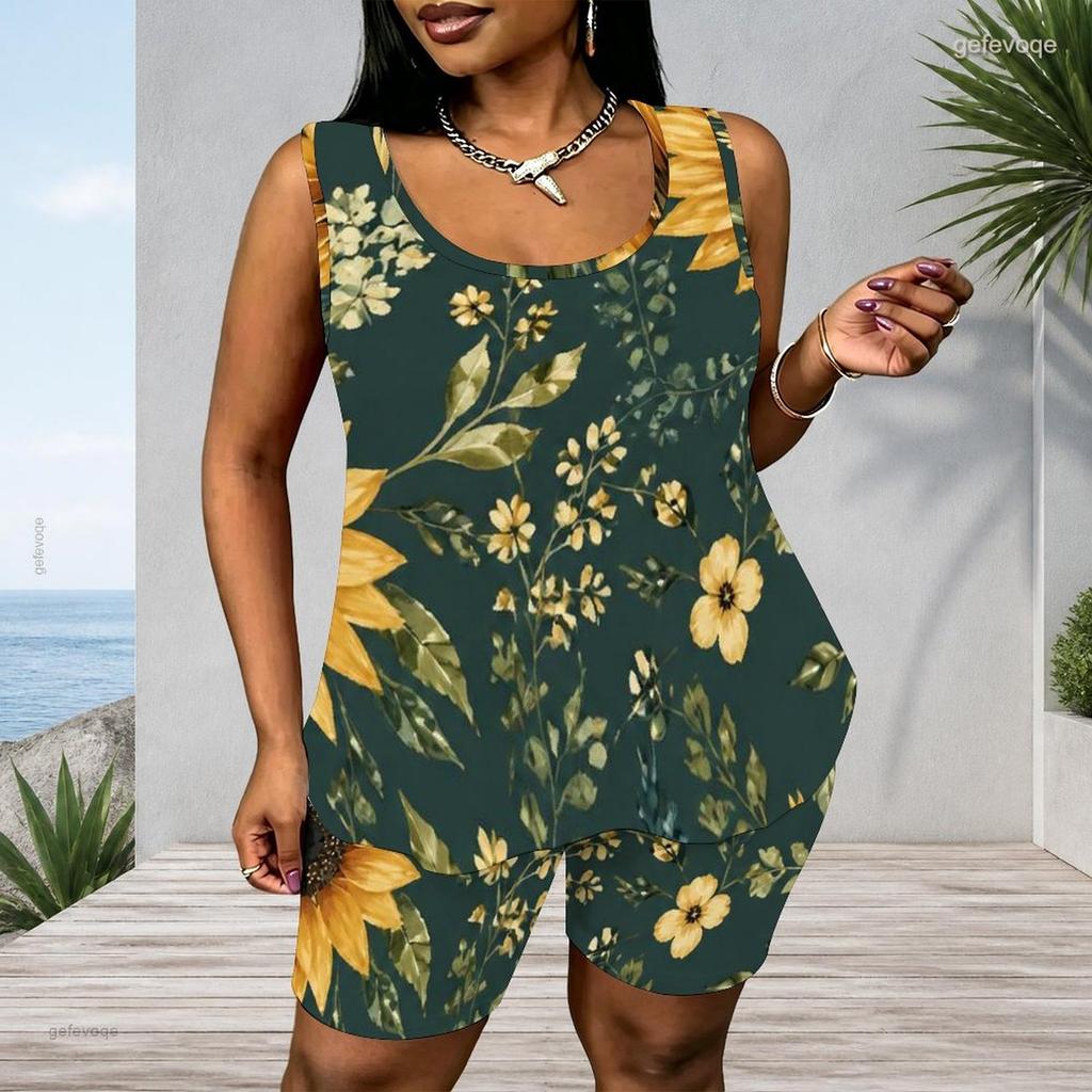 Women Plus Size Blue Floral Printed Scoop Neck Sleeveless Tank Top Fitted Shorts Two Piece Set