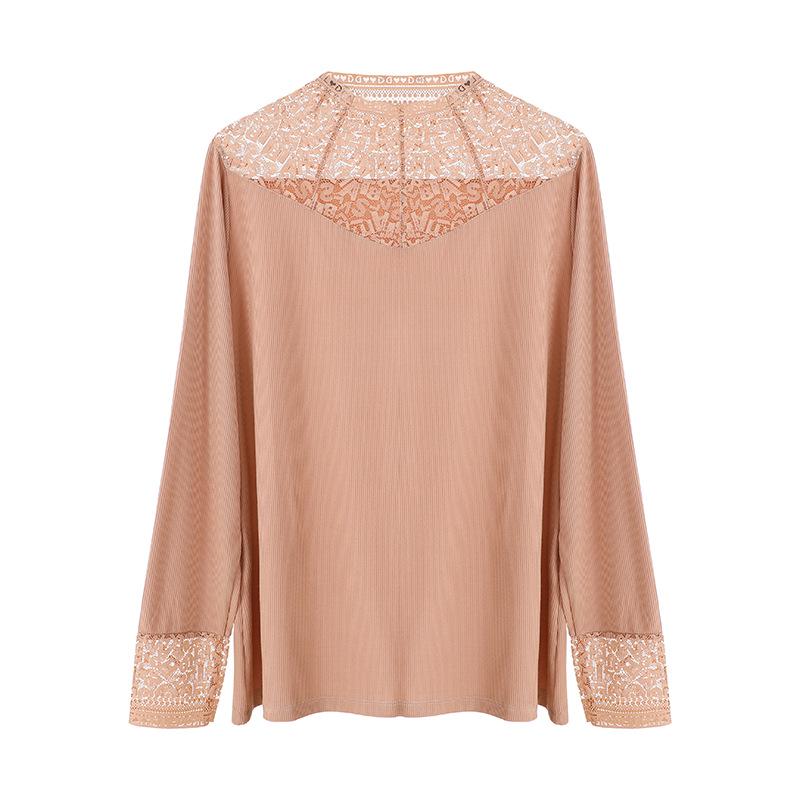 Yanzhiban 2024 Primăvară Top de Bază cu Dantelă Mărimi Mari - Gât Semi-Înalt, Mânecă Lungă.