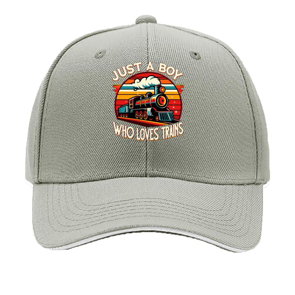 Just A Boy Who Loves Trains Vintage Steam Locomotive Sandwich Baseball Cap Unisex Women Sun Cap Outdoor Workouts Hat