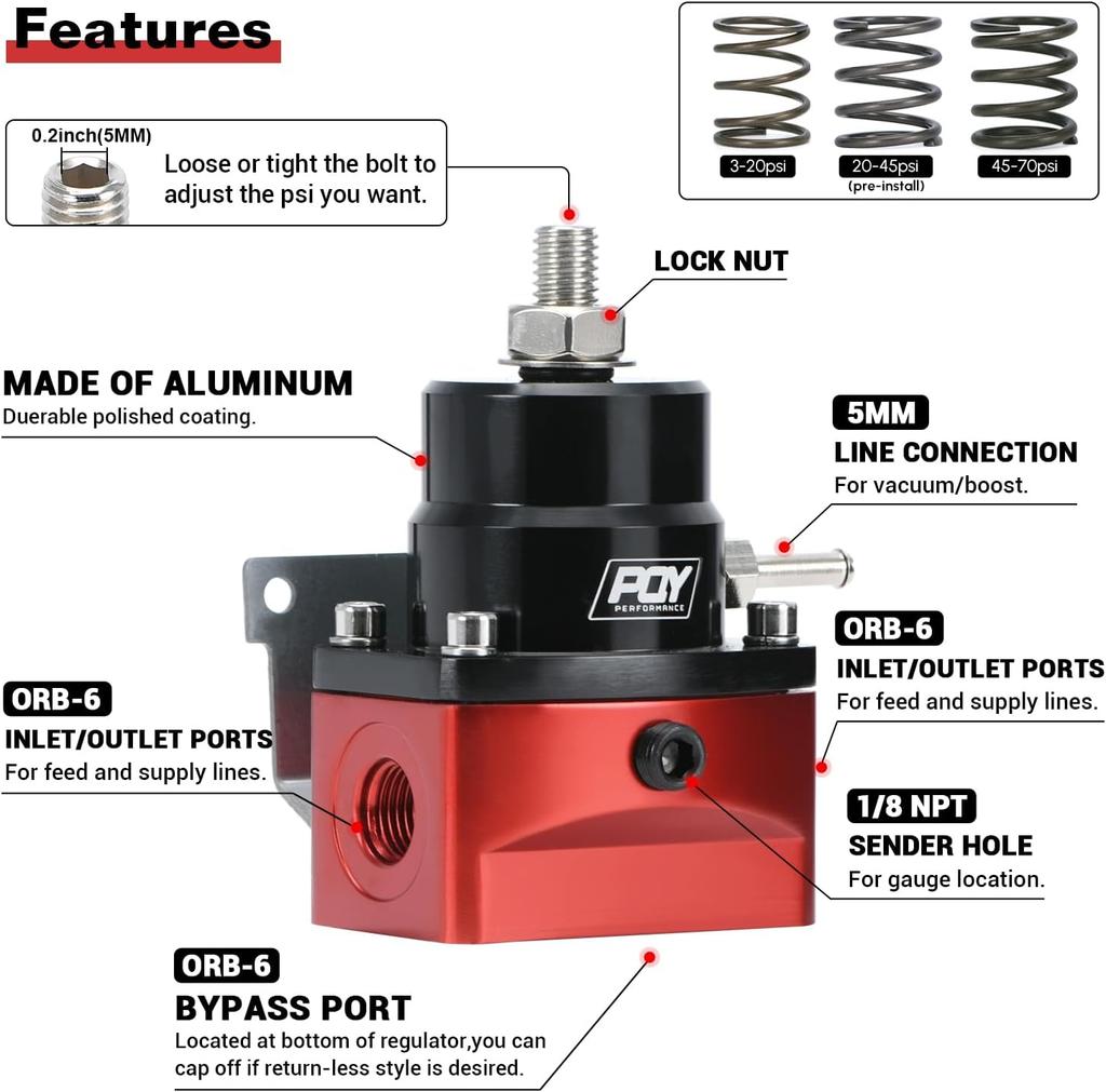 Adjustable Fuel Pressure Regulator Kit AN6 Feed & AN6 Return Line W/ 0-160PSI Gauge Set 3-20/ 20-45/ 45-70 Pressure Springs