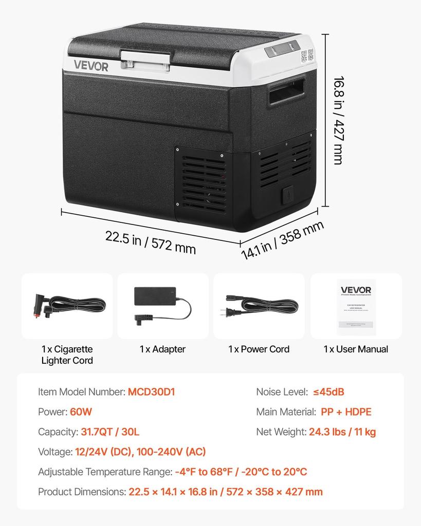 12 Volt Car Refrigerator, 30L Car Fridge, Portable Electric Cooler with -20 to 20 Adjustable Temperature, 12/24V DC and 100- 240V AC Compressor