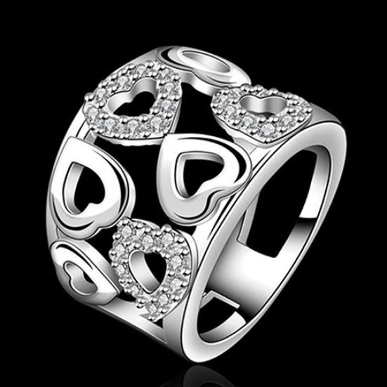 Women Faux Silver Plated Rhinestone Wide Band Cluster Hollow Heart Ring