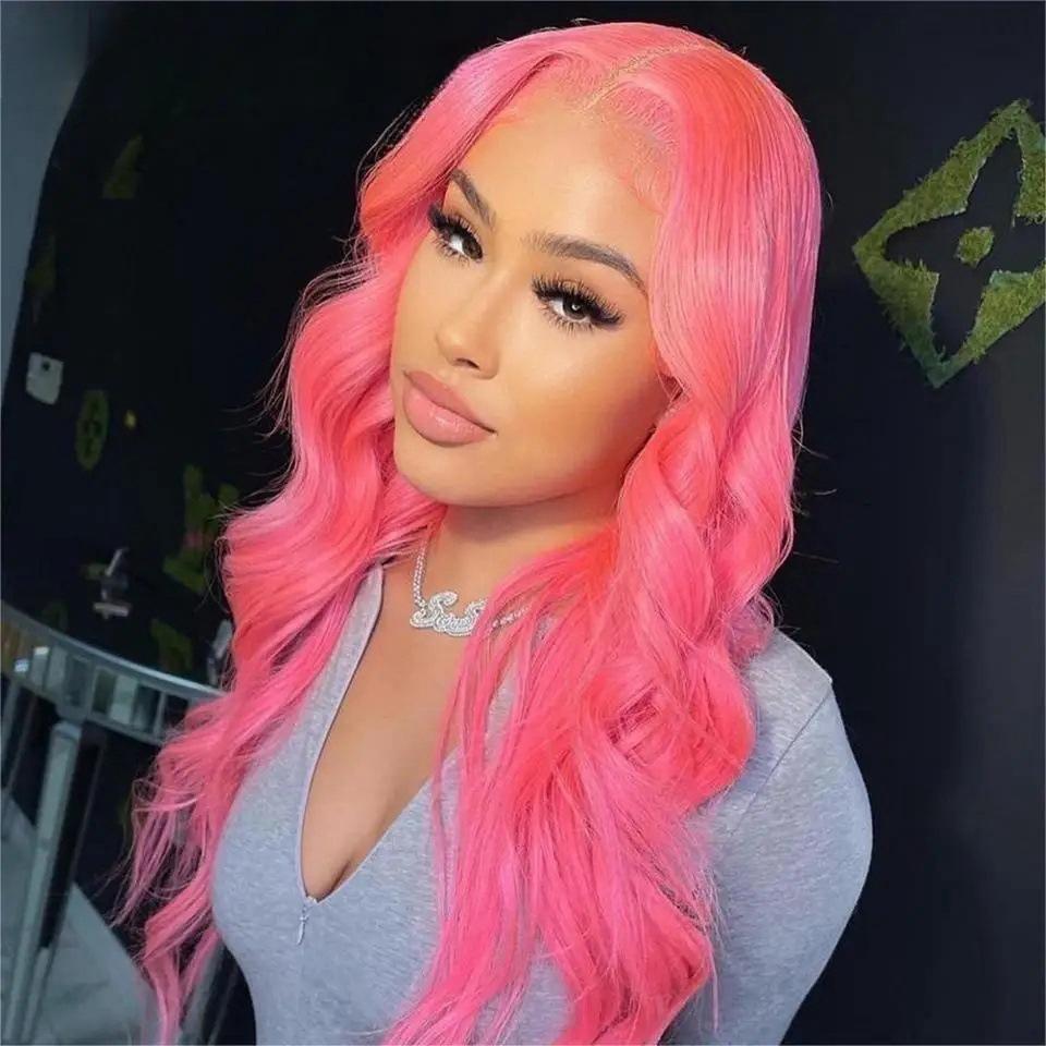 TUME new wig female light pink medium big wave long curly hair fluffy front lace headgear spot
