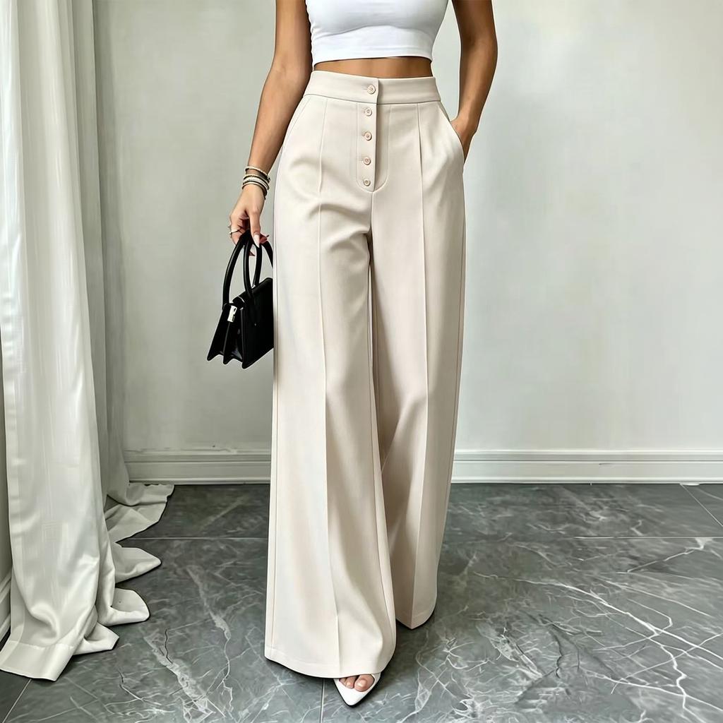 Women's High Wide Leg Pants with Button Pockets Color Casual Trousers for Commute